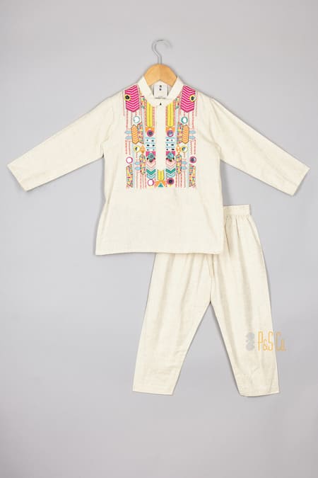 P & S CO White Cotton, Flannel Mirrors, Embroidery Aztec Kurta Set