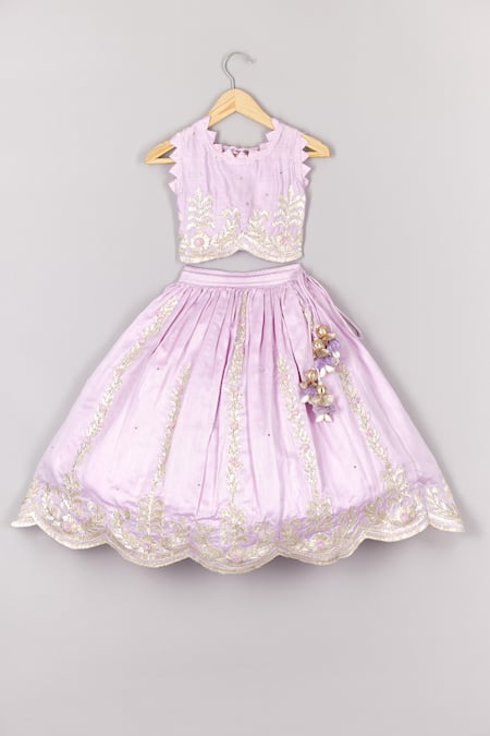 P & S CO Purple Chanderi, Linen, Muslin Gota Patti Bloom Vine Embroidered Lehenga Set