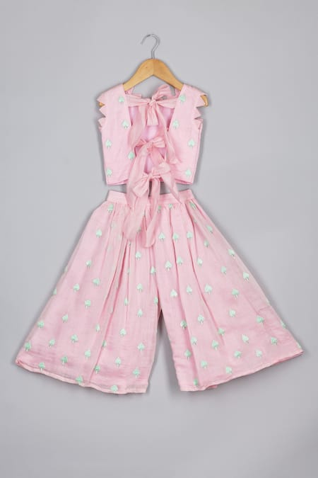 Shop P & S CO Pink Chanderi, Linen Embroidery Spade Blouse And Palazzo Set at Aza Fashions Shop_P & S CO_Pink Chanderi, Linen Embroidery Spade Blouse And Palazzo Set _at_Aza_Fashions