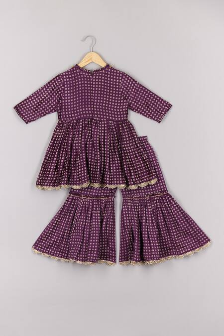 Shop P & S CO Purple Chanderi, Linen Lace Bandhej Print Peplum Kurta And Sharara at Aza Fashions Shop_P & S CO_Purple Chanderi, Linen Lace Bandhej Print Peplum Kurta And Sharara _at_Aza_Fashions