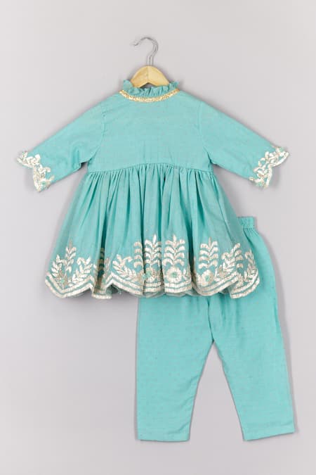 Shop P & S CO Blue Brocade, Cotton Gota Patti Floret Embroidered Angarkha Kurta Set at Aza Fashions Shop_P & S CO_Blue Brocade, Cotton Gota Patti Floret Embroidered Angarkha Kurta Set _at_Aza_Fashions