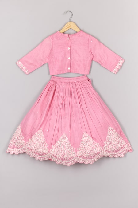 Shop P & S CO Pink Silk, Cotton Embroidery Blossom Vine Lehenga Set at Aza Fashions Shop_P & S CO_Pink Silk, Cotton Embroidery Blossom Vine Lehenga Set _at_Aza_Fashions
