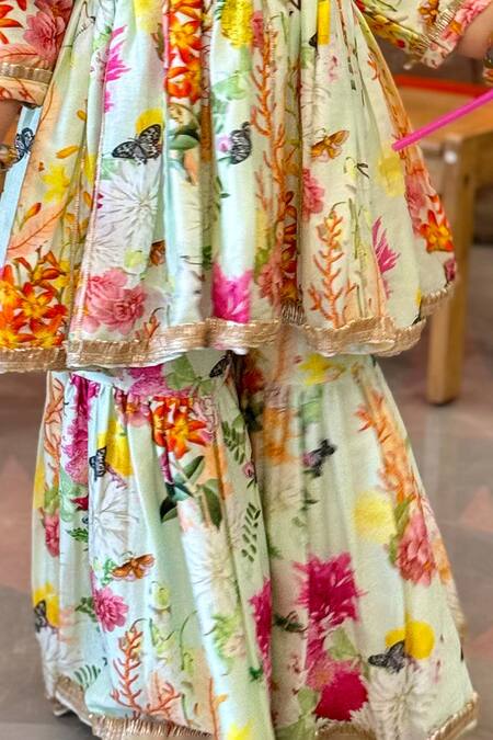 P & S CO_Green Chanderi, Linen Embroidery, Gota Patti Floral Peplum Kurta And Sharara Set _Online_at_Aza_Fashions