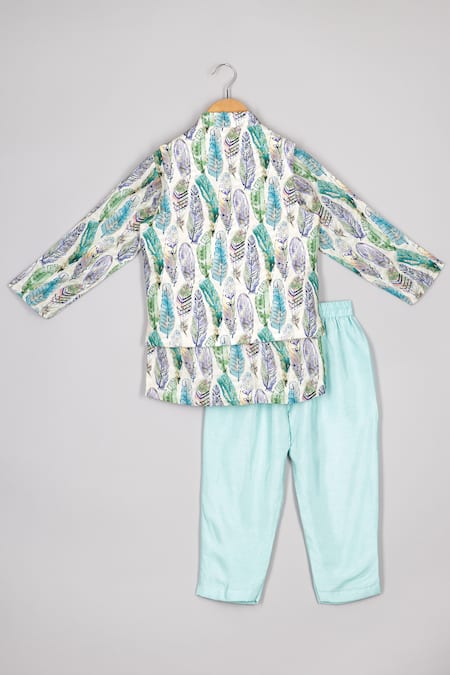 Shop_P & S CO_White Silk, Muslin, Linen Leaf Print Bundi Kurta Set _at_Aza_Fashions