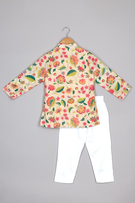 Shop_P & S CO_Beige Chanderi Floral Bloom Print Kurta And Pant Set _at_Aza_Fashions