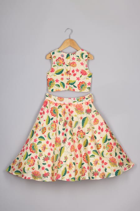 Shop P & S CO Beige Chanderi Gota Patti Floral Bloom Print Blouse And Lehenga Set at Aza Fashions Shop_P & S CO_Beige Chanderi Gota Patti Floral Bloom Print Blouse And Lehenga Set _at_Aza_Fashions