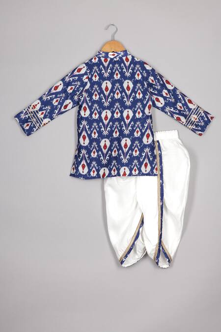 P & S CO_Blue Chanderi, Linen Ikkat Print Kurta Set _Online_at_Aza_Fashions