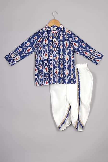 Shop_P & S CO_Blue Chanderi, Linen Ikkat Print Kurta Set _at_Aza_Fashions