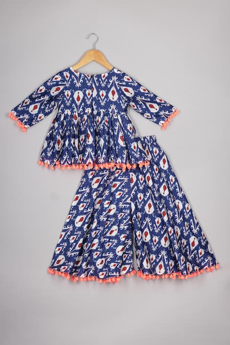 Shop P & S CO Blue Chanderi, Linen Pom-poms Ikkat Print Peplum Kurta Set at Aza Fashions Shop_P & S CO_Blue Chanderi, Linen Pom-poms Ikkat Print Peplum Kurta Set _at_Aza_Fashions