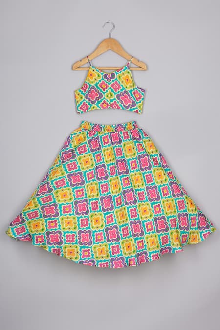 Shop P & S CO Multi Color Silk, Hemp Tassels Ikkat Bloom Blouse And Lehenga Set at Aza Fashions Shop_P & S CO_Multi Color Silk, Hemp Tassels Ikkat Bloom Blouse And Lehenga Set _at_Aza_Fashions