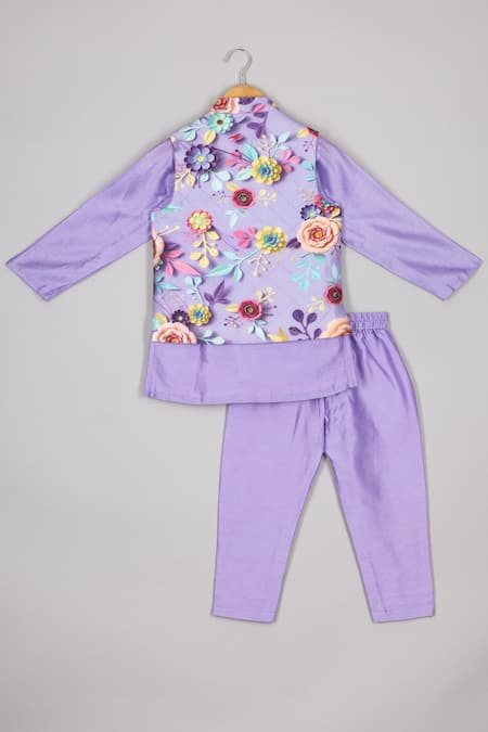 Shop P & S CO Purple Chanderi, Linen Embroidery Bloom Garden Print Quilted Bundi Set at Aza Fashions Shop_P & S CO_Purple Chanderi, Linen Embroidery Bloom Garden Print Quilted Bundi Set _at_Aza_Fashions