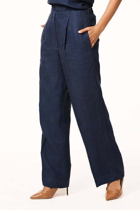 Terra Luna Blue Linen Navy Solid Pant Online at Aza Fashions Terra Luna_Blue Linen Navy Solid Pant _Online_at_Aza_Fashions