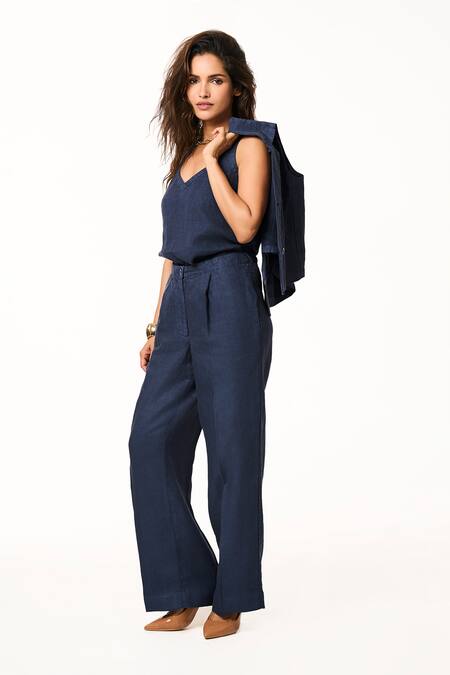 Buy Terra Luna Blue Linen Navy Solid Pant Online at Aza Fashions Buy_Terra Luna_Blue Linen Navy Solid Pant _Online_at_Aza_Fashions