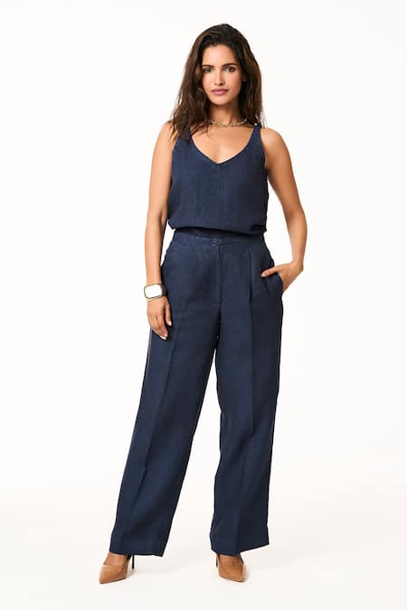 Terra Luna Navy Blue Linen Solid Pant 