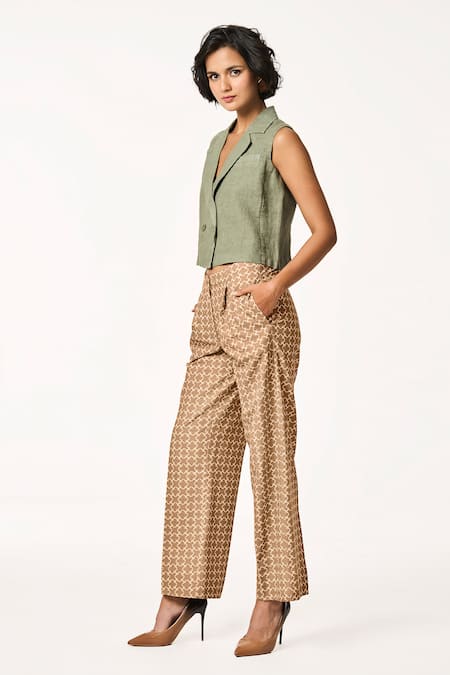 Shop Terra Luna Brown Cotton Tonal Monogram Patterned Pant at Aza Fashions Shop_Terra Luna_Brown Cotton Tonal Monogram Patterned Pant _at_Aza_Fashions