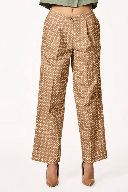 Terra Luna Brown Cotton Tonal Monogram Patterned Pant Online at Aza Fashions Terra Luna_Brown Cotton Tonal Monogram Patterned Pant _Online_at_Aza_Fashions