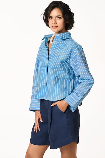 Terra Luna_Blue Cotton Collared Ice High-low Shirt _Online_at_Aza_Fashions