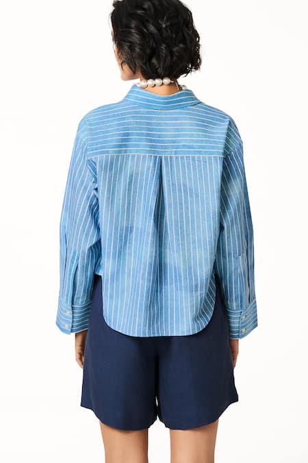 Shop_Terra Luna_Blue Cotton Collared Ice High-low Shirt _at_Aza_Fashions