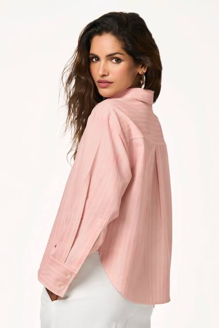 Shop_Terra Luna_Pink Cotton Sunrise High-low Stripe Shirt _at_Aza_Fashions