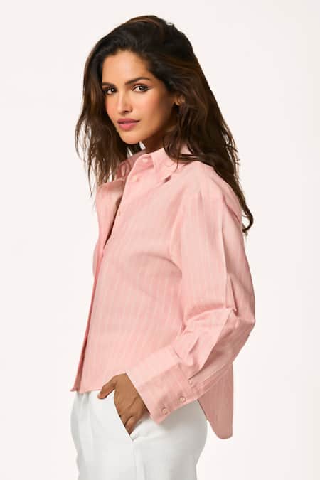 Terra Luna_Pink Cotton Sunrise High-low Stripe Shirt _Online_at_Aza_Fashions