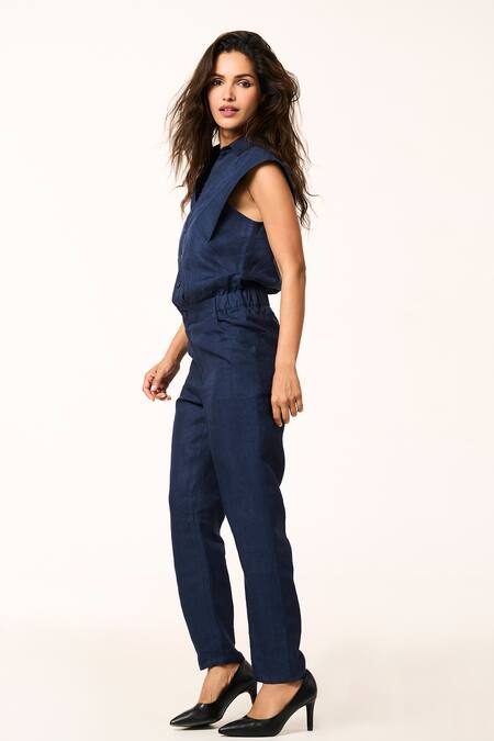 Terra Luna Blue Linen Collared Navy Solid Jumpsuit Online at Aza Fashions Terra Luna_Blue Linen Collared Navy Solid Jumpsuit _Online_at_Aza_Fashions