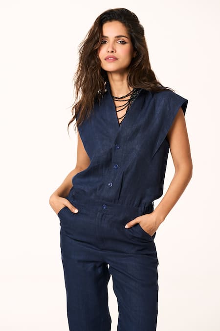 Buy Terra Luna Blue Linen Collared Navy Solid Jumpsuit Online at Aza Fashions Buy_Terra Luna_Blue Linen Collared Navy Solid Jumpsuit _Online_at_Aza_Fashions