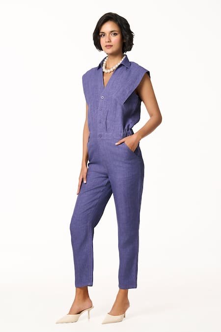 Terra Luna Blue Linen Collared Future Dusk Jumpsuit Online at Aza Fashions Terra Luna_Blue Linen Collared Future Dusk Jumpsuit _Online_at_Aza_Fashions