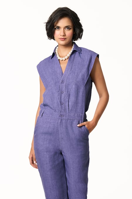 Buy Terra Luna Blue Linen Collared Future Dusk Jumpsuit Online at Aza Fashions Buy_Terra Luna_Blue Linen Collared Future Dusk Jumpsuit _Online_at_Aza_Fashions