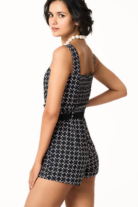 Terra Luna_Black Cotton Square Neck Monogram Patterned Jumpsuit _Online_at_Aza_Fashions
