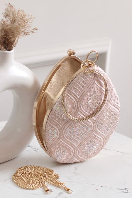 Shop Boxwish By Bhumika Peach Embroidery Chikankari Clutch at Aza Fashions Shop_Boxwish By Bhumika_Peach Embroidery Chikankari Clutch _at_Aza_Fashions