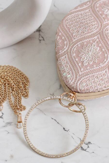 Boxwish By Bhumika Peach Embroidery Chikankari Clutch at Aza Fashions Boxwish By Bhumika_Peach Embroidery Chikankari Clutch _at_Aza_Fashions