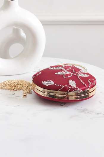 Boxwish By Bhumika_Maroon Cut Work Floral Cutdana Clutch _Online_at_Aza_Fashions