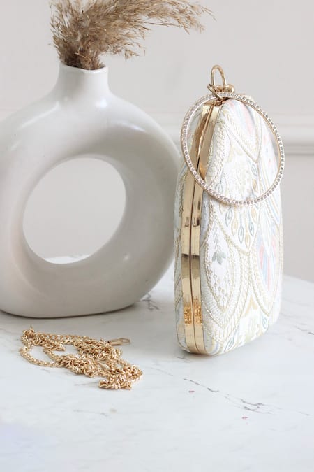 Boxwish By Bhumika_White Embroidery Floral Thread Clutch _at_Aza_Fashions