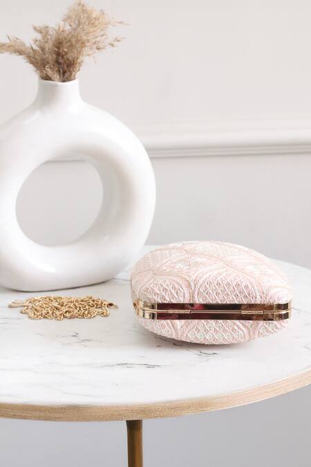 Boxwish By Bhumika_Peach Embroidery Chikankari Thread Clutch _Online_at_Aza_Fashions