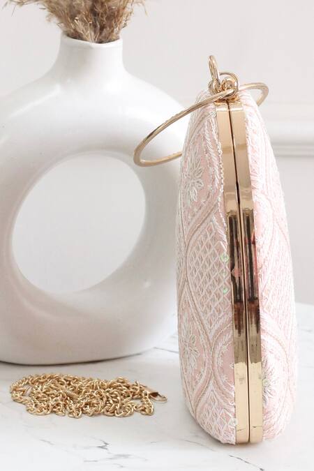 Shop_Boxwish By Bhumika_Peach Embroidery Chikankari Thread Clutch _Online_at_Aza_Fashions