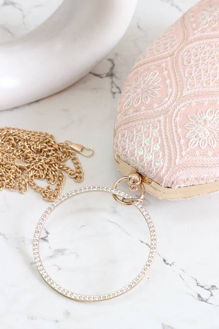 Boxwish By Bhumika_Peach Embroidery Chikankari Thread Clutch _at_Aza_Fashions