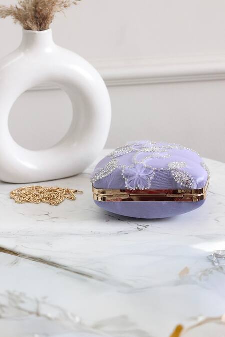 Boxwish By Bhumika_Purple Cut Work 3d Floral Applique Cutdana Clutch _Online_at_Aza_Fashions