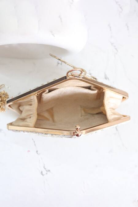 Boxwish By Bhumika_White Embroidery Thread Pyramid Clutch_Online_at_Aza_Fashions
