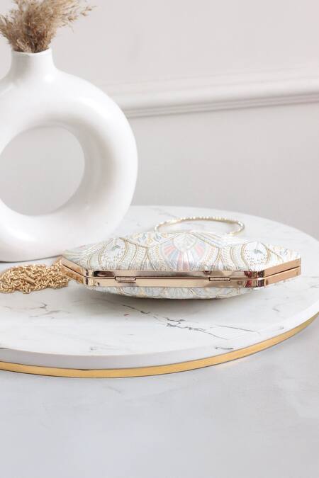 Shop_Boxwish By Bhumika_White Embroidery Thread Pyramid Clutch_Online_at_Aza_Fashions