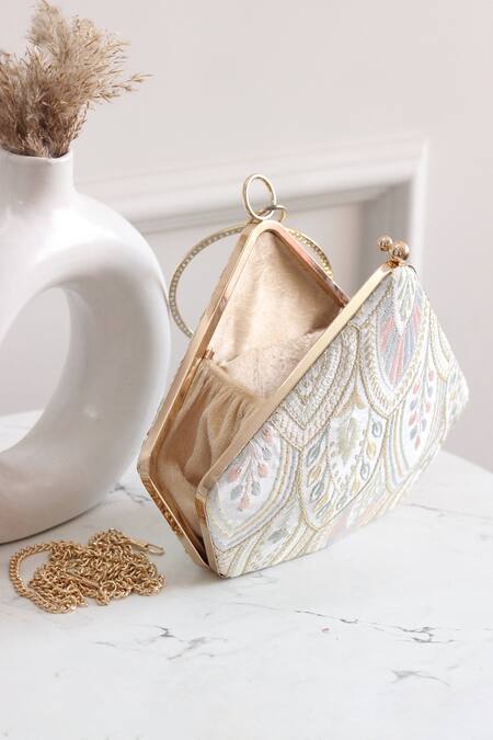 Boxwish By Bhumika_White Embroidery Thread Pyramid Clutch_at_Aza_Fashions