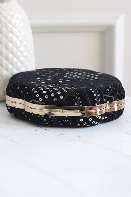Buy_Boxwish By Bhumika_Black Sequins, Embroidery Flower Shaped Clutch _Online_at_Aza_Fashions