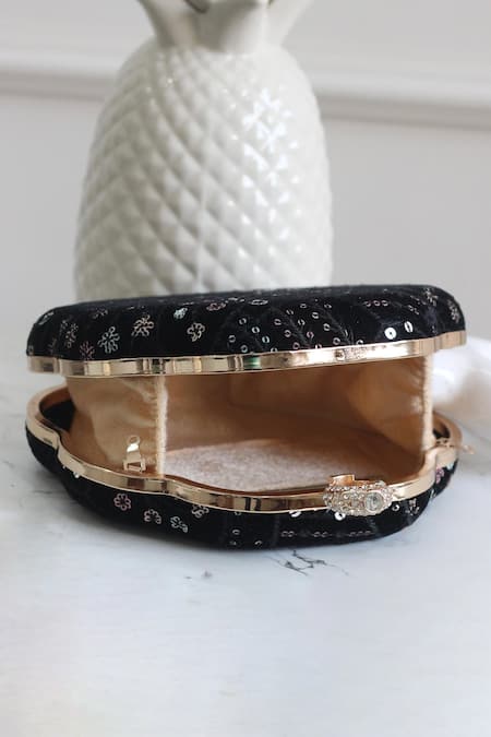 Shop_Boxwish By Bhumika_Black Sequins, Embroidery Flower Shaped Clutch _Online_at_Aza_Fashions