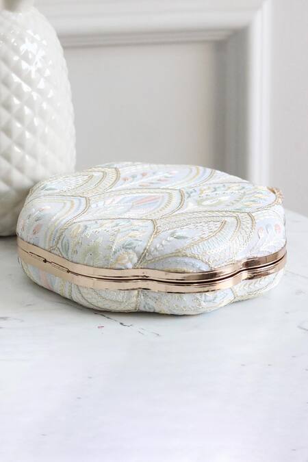 Boxwish By Bhumika_White Embroidery Floral Thread Clutch _Online_at_Aza_Fashions