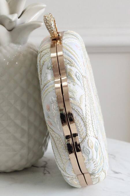 Buy_Boxwish By Bhumika_White Embroidery Floral Thread Clutch _Online_at_Aza_Fashions