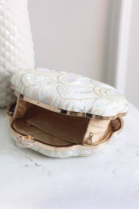 Shop_Boxwish By Bhumika_White Embroidery Floral Thread Clutch _Online_at_Aza_Fashions