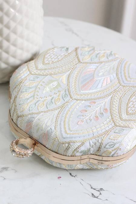 Boxwish By Bhumika_White Embroidery Floral Thread Clutch _at_Aza_Fashions