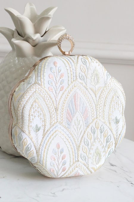 Boxwish By Bhumika White Thread Floral Embroidered Clutch 