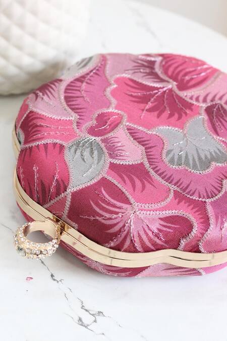 Boxwish By Bhumika_Pink Embroidery Floral Clutch _at_Aza_Fashions