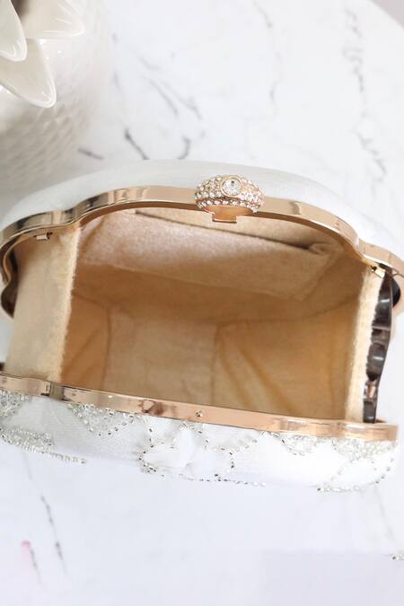 Boxwish By Bhumika White Cut Work, Embroidery 3d Floral Applique Clutch Online at Aza Fashions Boxwish By Bhumika_White Cut Work, Embroidery 3d Floral Applique Clutch _Online_at_Aza_Fashions