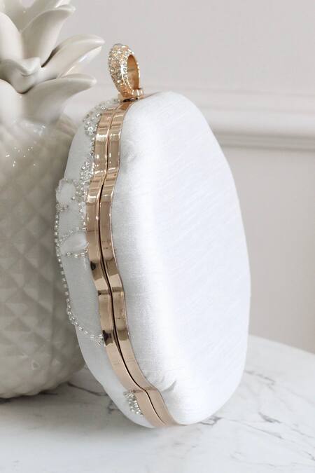 Shop Boxwish By Bhumika White Cut Work, Embroidery 3d Floral Applique Clutch Online at Aza Fashions Shop_Boxwish By Bhumika_White Cut Work, Embroidery 3d Floral Applique Clutch _Online_at_Aza_Fashions